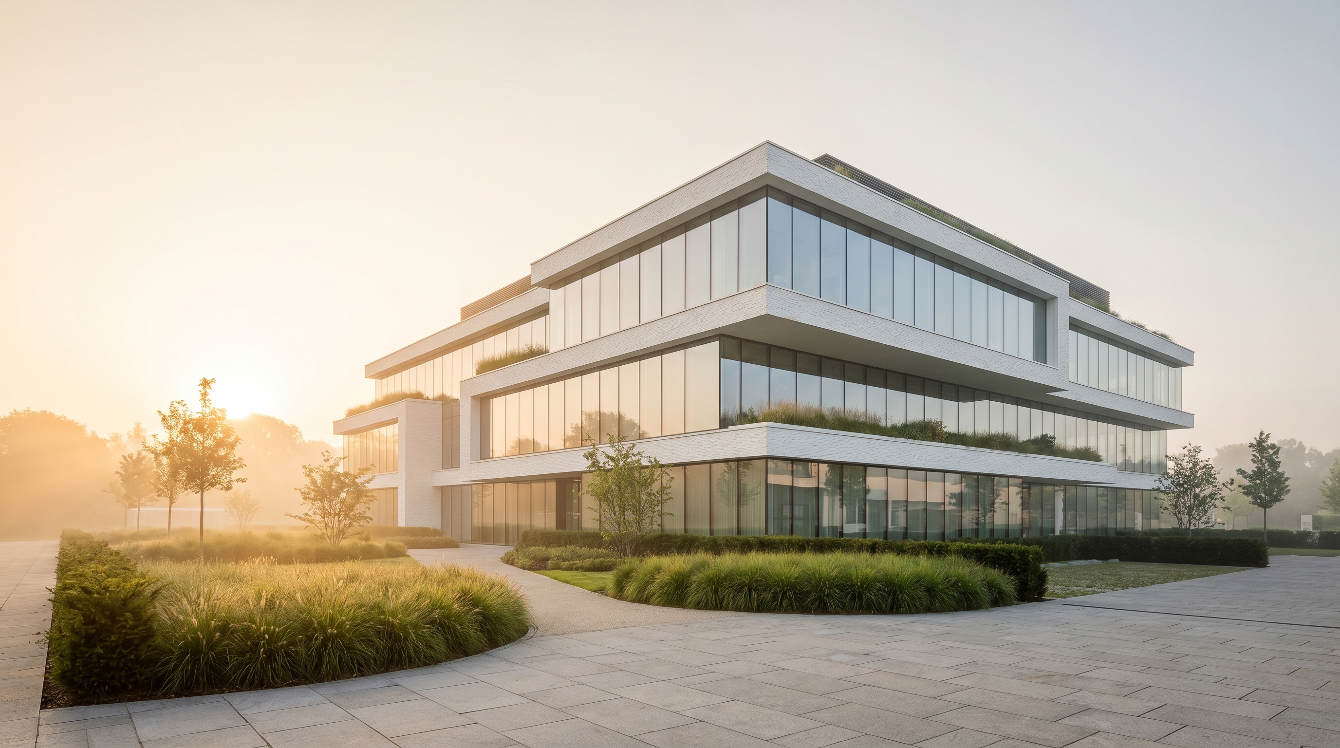 Modern terraced white office building at sunrise, surrounded by manicured landscaping